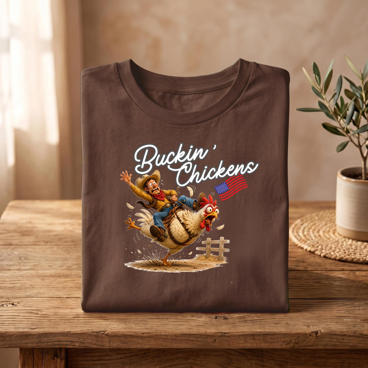 Western style funny tshirt; Buckin' Chickens Shirt | Cowboy Riding Chicken Graphic Tee
