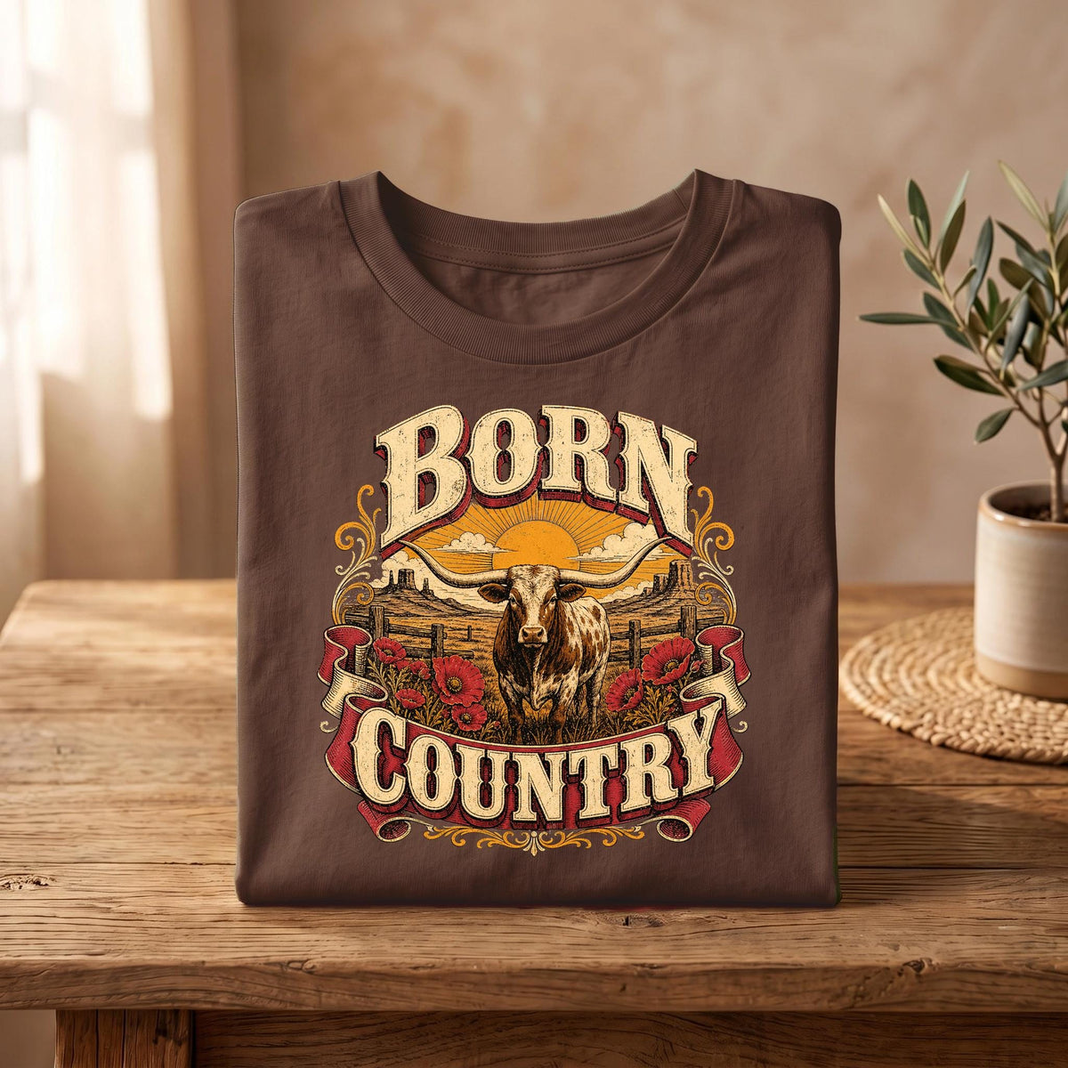 Born Country, Western Wear, T-Shirt with Longhorn
