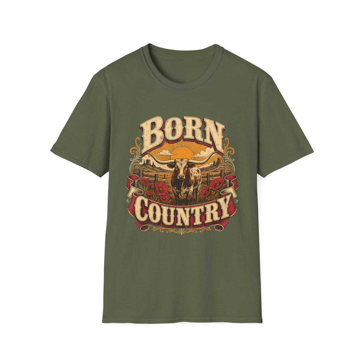 Born Country, Western Wear, T-Shirt with Longhorn