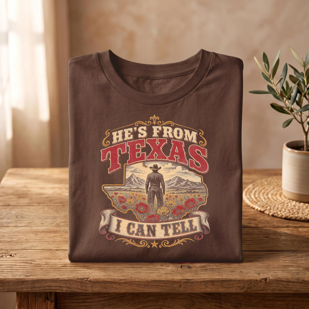 Western Style apparel, He's From Texas T-Shirt with the state outline, Poppies and a cowboy