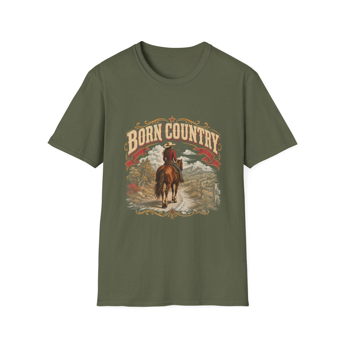 Western style apparel; Born Country Horse Back T-shirt